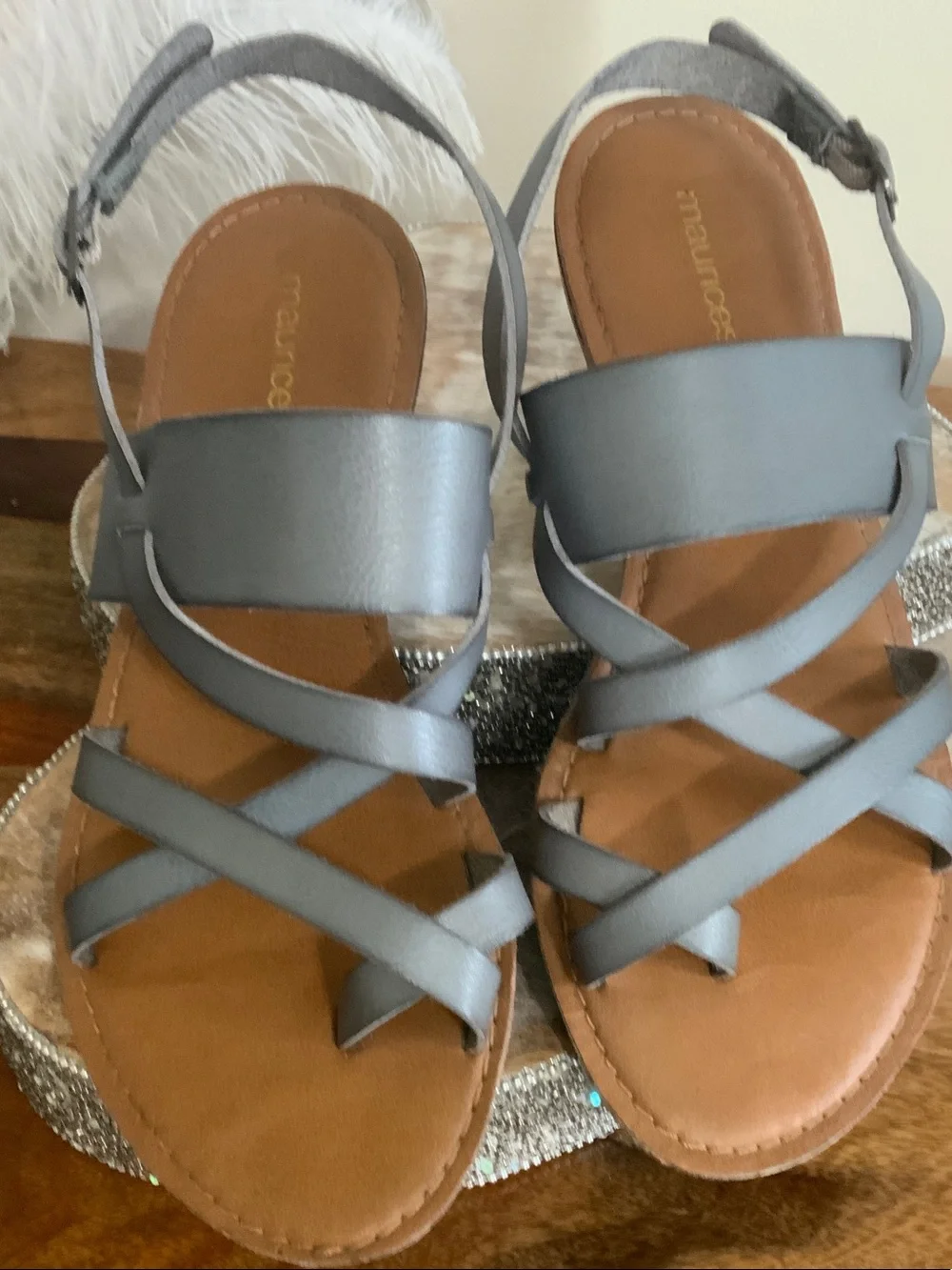 Maurices Gray Strappy Leather Sandals